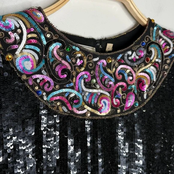 Donnatella Black Sequin Beaded Collar Long Sleeve Silk Blouse‎ Top Women's Sz L* - Picture 4 of 12